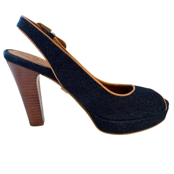 UGG Slingback Pumps Heels Peep Toe Shoe Blue Denim Brown Leather Womens Size 6.5 - Picture 7 of 12